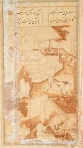 En kvinna med sin sjuka dotter störs av en ko med en vattenkruka fast på huvudet, från Hadiqat Ul-Haqiqat (Sanningens trädgård) av Hakim Sanai, fjärde miniatyr, folio 178, Mughal av Jaganath Jaganath