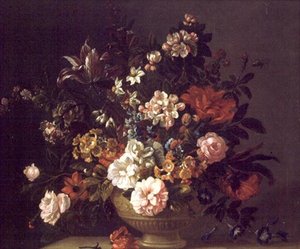 Rosor, tulpaner och andra blommor i en urna på en avsats av Jakob Bogdani or Bogdany