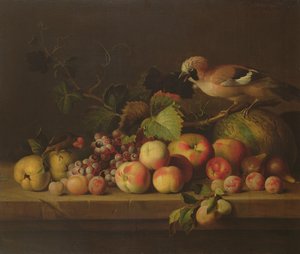 Stilleben med frukt, en nötskrika och en papegoja