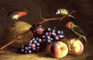 Tre fåglar med persikor, vindruvor och en melon
