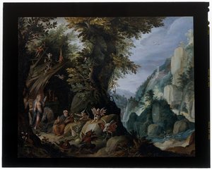 Frestelsen av Sankt Antonius i ett landskap av Jakob Isaaksz Swanenburgh
