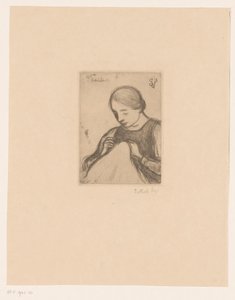 Porträtt av Malvina Dedeyn med handarbete Sömmerskan (titel på objekt) av Jakob Smits