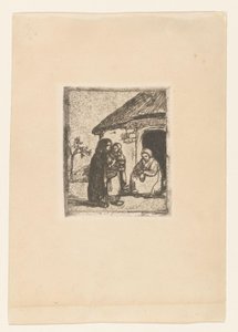 Två kvinnor och ett barn framför ett hus Little Beggar (originaltitel) av Jakob Smits