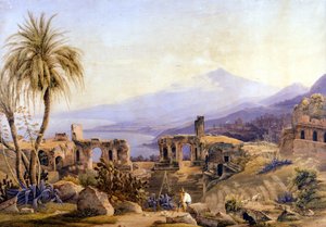 Taormina på Sicilien: ruinerna och Etna. Målning av Jacob Suter, ca 1850. av Jakob Suter