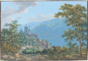 En fästning i ett bergslandskap vid soluppgången av Jakob Wilhelm Huber