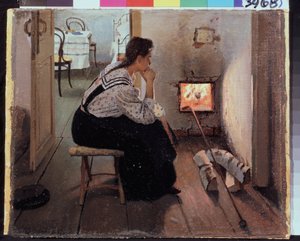 ""Tankar vid kaminen"" (Tankar vid kaminen) En ung kvinna som sitter fundersam framför brasan. Målning av Jakov Kalinichenko (1869-1938) 1897 State Regional I. Pozhalostin Art Museum, Ryasan