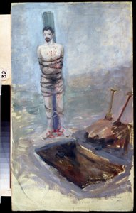 Ryska revolutionen 1905: ""Avrättningen"" En dömd bunden till en stolpe nära sin grävda grav. Målning av Jakov Kalinichenko (1869-1938) 1905 State Regional I. Pozhalostin Art Museum, Ryasan