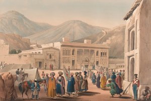 The Durbar-Khaneh of Shah Shoojah-ool-Moolk, vid Cabaul [sic], ca 1840 (litografi, tonad) av James (after) Atkinson