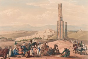 Ghuznees fästning och citadal [sic] och de två minarerna, ca 1839 (litografi, tonad)