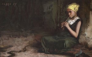 Tjej som charmar en orm (chromolitho)