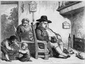 John Bull glad: John Bull (karaktär av typisk engelska, symbol för England) hemma med sin fru och sina barn. Gilbert gravyr efter Gillray. I "" Le Magasin pittoreska""