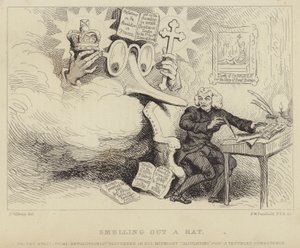 Smelling out a Rat: Den walesiske filosofen, nonconformist predikanten och pamflettföraren Richard Price skräms av en gigantisk glasögonnäsa som föreställer Edmund Burke som fångar honom på jobbet omgiven av bevis på uppvigling mot kyrkan och staten