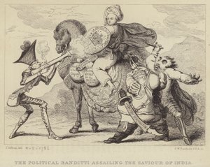 The Political Banditti Assailing the Savior of India: Warren Hastings, tidigare guvernör i Bengal, under attack från politikerna Edmund Burke, Charles James Fox och Lord North
