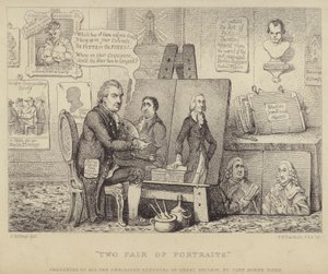 Two Pair of Portraits: anti-Whig-tecknad film som föreställer John Henry Tooke med porträtt av Charles James Fox som personifierar last och William Pitt den yngre som representerar dygd