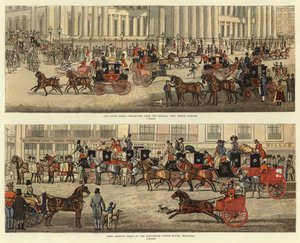 Scener på vägen under de gamla tränardagarna (färg litho)