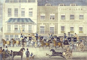 West Country Mail på Gloucester Coffee House, Piccadilly, graverad av C. Rosenberg (färgad litho)