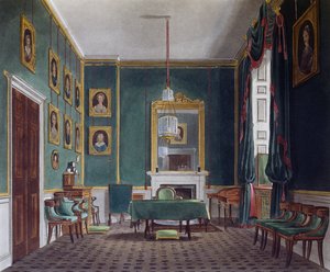 Grönt indragningsrum, Gravyr av Daniel Havell (1785-1826), Baserat på design av James Stephanoff (ca 1788-1874), Från The History of the Royal Residences