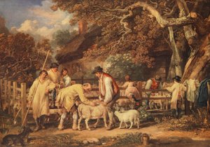 Fårklippning, ca 1820 (färg litho) av James (after) Ward