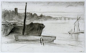 Chelsea Bridge och kyrkan av James Abbott McNeill Whistler