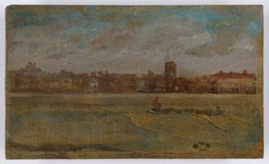 Harmoni i brunt och guld: Old Chelsea Church, troligen 1884 (olja på träpanel) av James Abbott McNeill Whistler