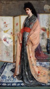 ""Princess of the Land of Porcelain"" (Rose and Silver: The Princess from the Land of Porcelain) Ung kvinna klädd i japansk stil i en kimono, bakom henne en japansk skärm (Japonisme) Målning av James Abbott McNeill Whistler ( 1834- 1903) 1864 Friare av James Abbott McNeill Whistler