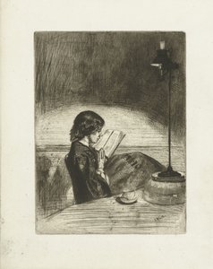Porträtt av Deborah Delano läsning Läser med lampljus av James Abbott McNeill Whistler