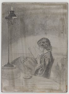 Läsning av Lamplight, 1858. av James Abbott McNeill Whistler