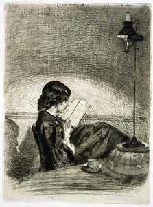 Läsning av Lamplight, 1858 av James Abbott McNeill Whistler