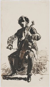 Sir Seymour Haden Playing the Cello, c.1855 (penna, penna och bläck på beige papper) av James Abbott McNeill Whistler