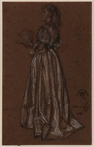 Stående figur med solfjäder, ca 1873/1876 (svartvit krita på brunt papper) av James Abbott McNeill Whistler