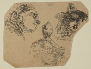 Två kvinnliga huvuden och stående figur från skisser på kustmätningsplattan, 1854-55. av James Abbott McNeill Whistler