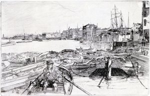 Vy över Themsen, över London Basin (England), år 1859, tillhör en serie gravyrer om Themsen, som belyser gemenskapen av sjöfartsarbetare i den engelska huvudstaden av James Abbott McNeill Whistler
