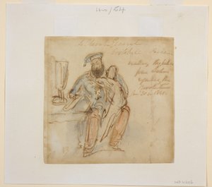 General Avitabile sitter vid ett bord och läser, med en kvinna på knäet, möjligen hans favorit, Begum Peri av James Atkinson