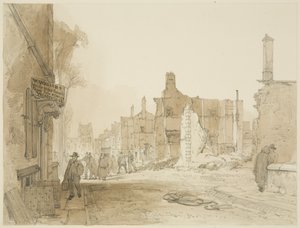Ruinerna av Mansion House och Custom House på Queen Square efter upploppen (penna och akvarell på papper) av James Baker Pyne