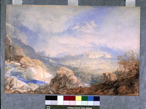 Rhônedalen med staden och citadellet i Sion, i Schweiz (akvarell och gouache på benvitt papper) av James Baker Pyne