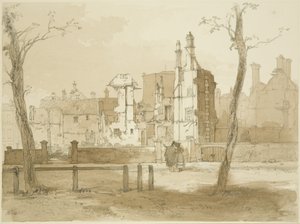 Västra sidan av Queen Square, efter upploppen (penna och akvarell på papper) av James Baker Pyne