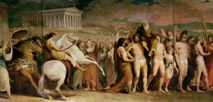 Crowning the Victors at Olympia, tredje i serien The Progress of Human Culture and Knowledge, detalj på centralpanelen som visar Diagoras, ca 1777-1801 (se 101472, 101473 och 101475) av James Barry