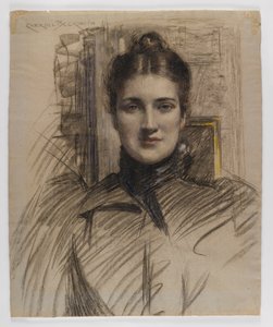 Porträtt av Minnie Clark, 1890-talet (kol med färgpenna eller pastell på gråblått papper)