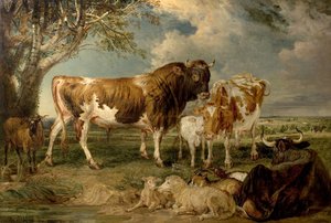 Tjur, ko och kalv i ett landskap, 1837 av James Charles Ward