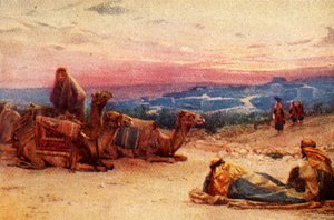 Resenärer som vilar utanför Palestina Village - Acts xx 5, c1924. Skapare: James Clark, Henry A Harper.