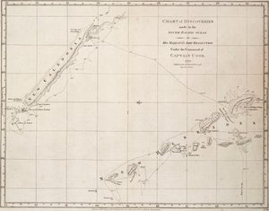 Karta över upptäckter som gjorts i södra Stilla havet med hans majestäts fartyg "Resolution" under kapten Cooks befäl av James Cook