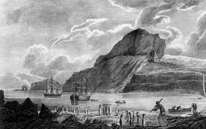 Kerguelen-ön, utsikt över Christmas Bay, teckning av William Hodges, gravyr av William Watts, illustration från Voyage to South Pole, and Round World, av James Cook (1728-1779), upplaga publicerad i Paris 1778