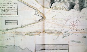 Karta över korsningar på Saint Lawrence River nära Quebec, nära ön Orleans, karta ritad av James Cook (1728-1779) mellan 1758-1763, Kanada