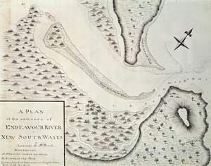 Karta över entrén till Endeavour River, karta från redogörelsen för första resan ledd av James Cook (1728-1779) mellan 1768 och 1771, Australien
