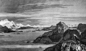 View of Christmas Sound, Tierra del Fuego, teckning av William Hodges, gravyr av William Watts, illustration från Voyage to South Pole, and Round World, av James Cook (1728-1779), upplaga publicerad i Paris 1778