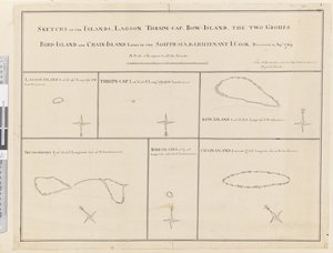 iii. Skisser över öarna Lagoon, Thrum-Cap, Bow-Island, de två grupperna, Bird Island och Chain Island, som ligger i söder, havet... upptäcktes i Apl 1769 av James Cook
