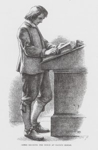 James läser Bibeln i Gaius hus (gravyr) av James Dawson Watson