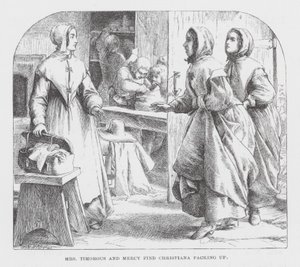 Mrs Timorous och Mercy hittar Christiana när hon packar (gravyr) av James Dawson Watson