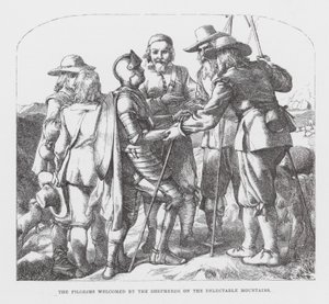 Pilgrimerna välkomnas av herdarna på de ljuvliga bergen (gravyr) av James Dawson Watson