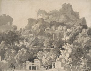Stenigt landskap med klassiska byggnader, ca 1745 (penna och bläck med tvätt på papper) av James Deacon